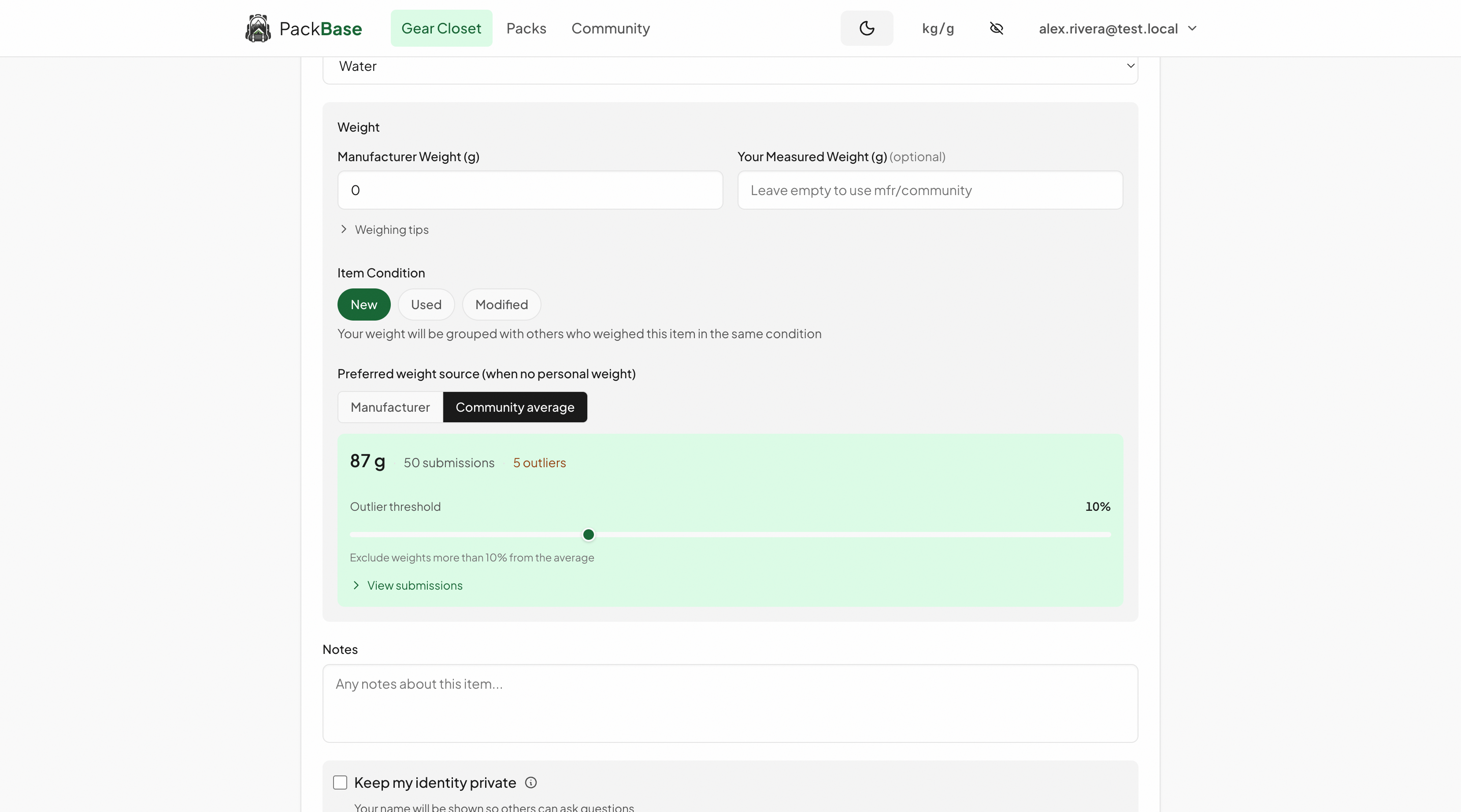 Community weight submissions with verification badges and confidence scores