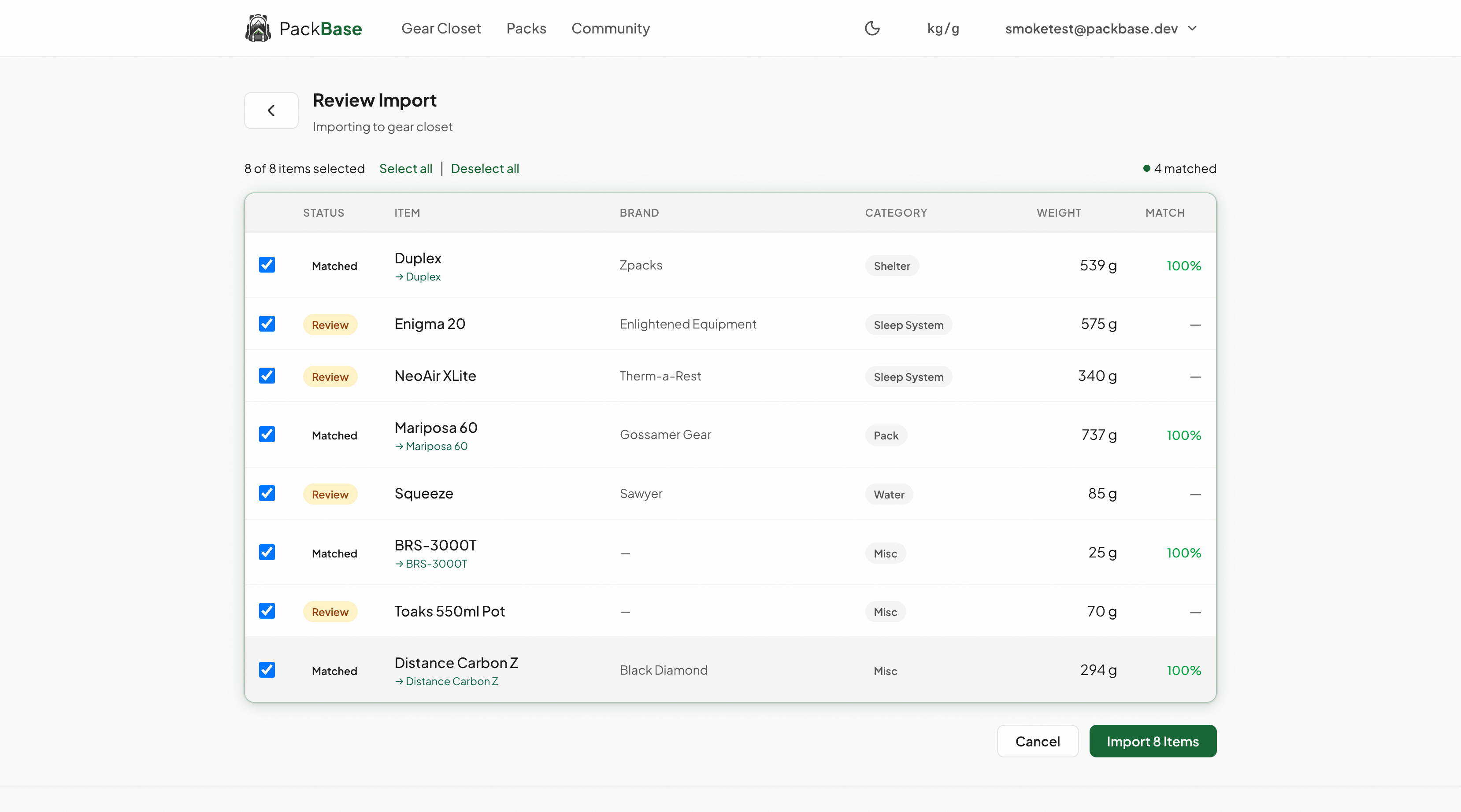 Import review table with match status badges and community gear links