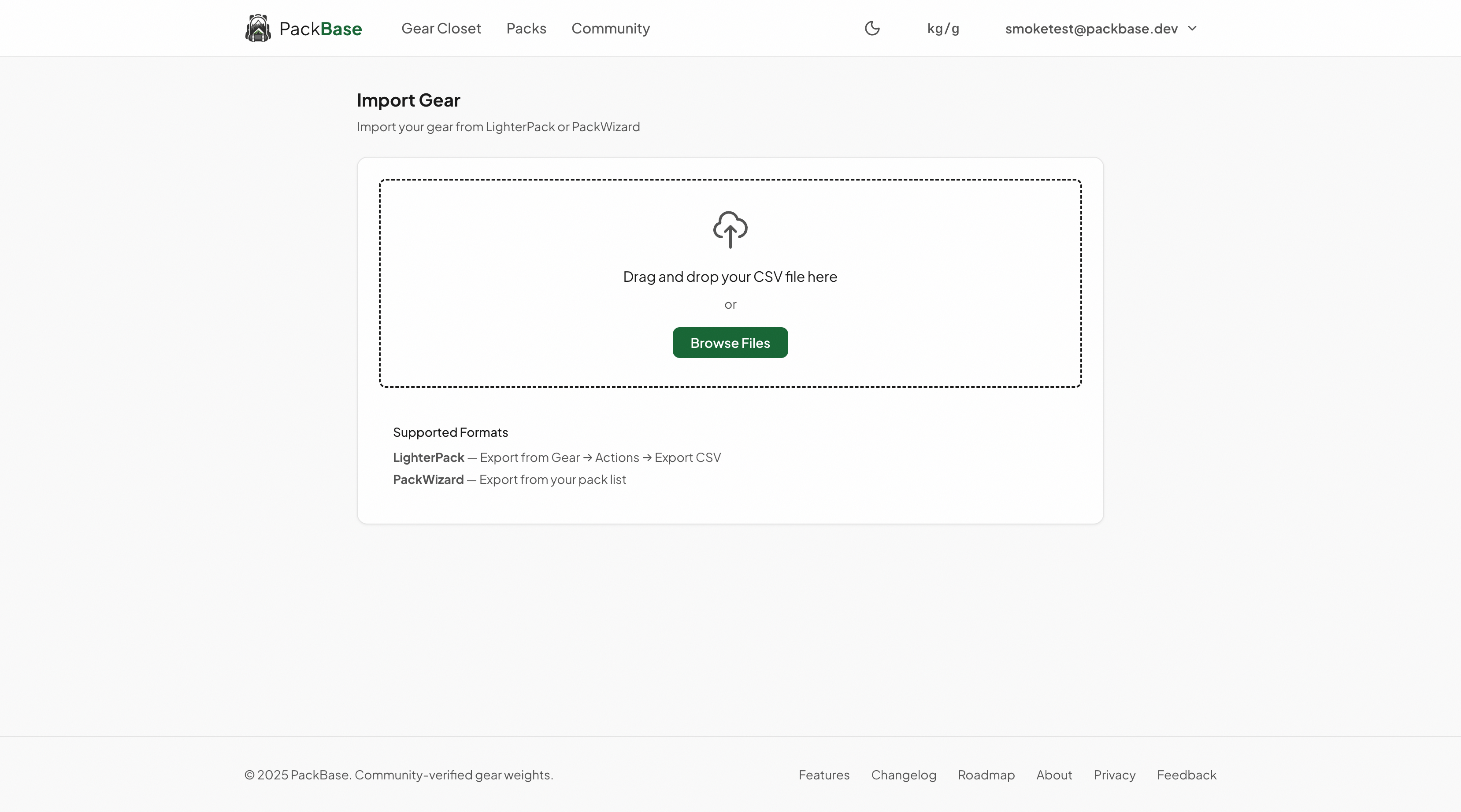 Import page showing CSV upload with parsed items preview