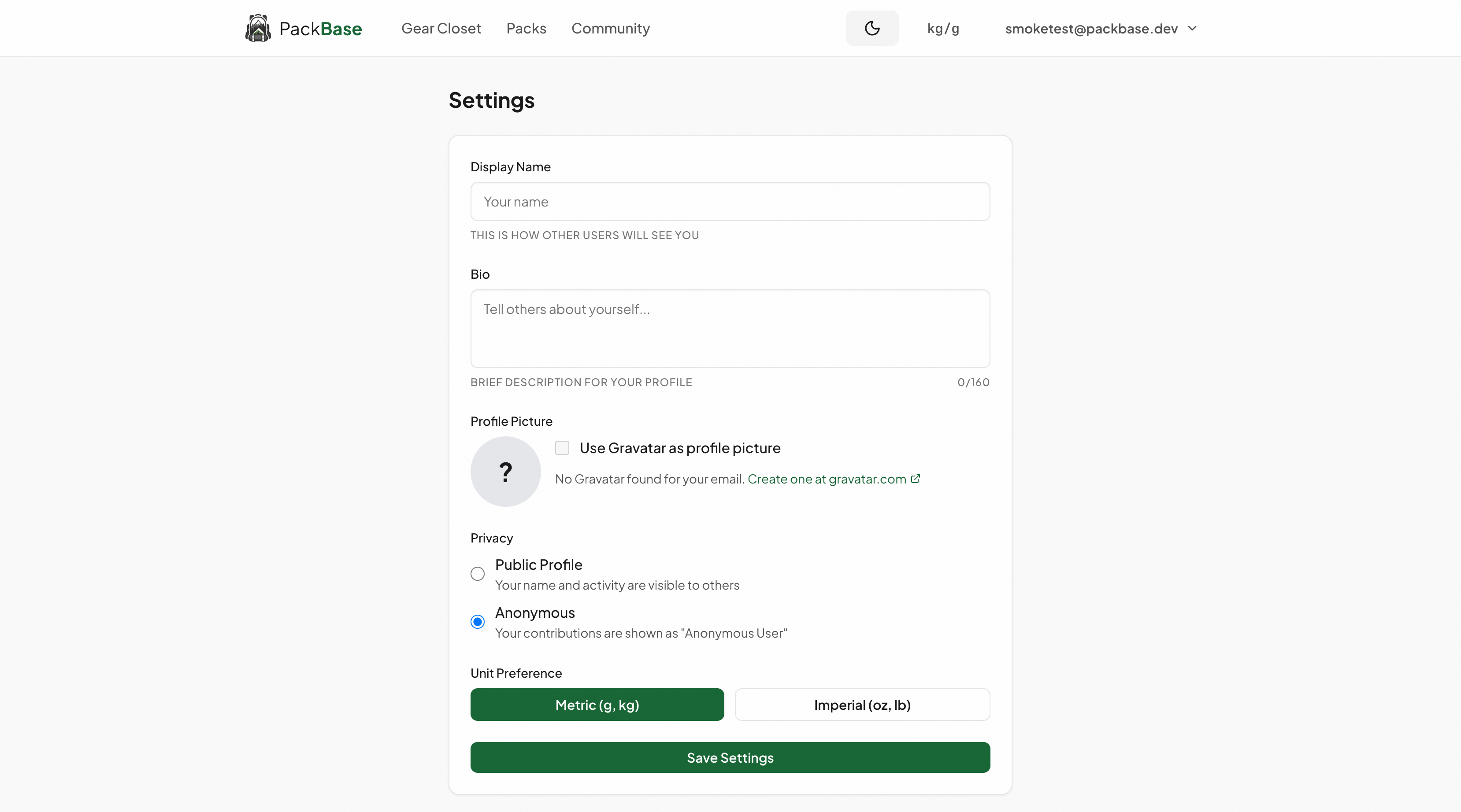 Settings page showing privacy controls for profile visibility and anonymous mode