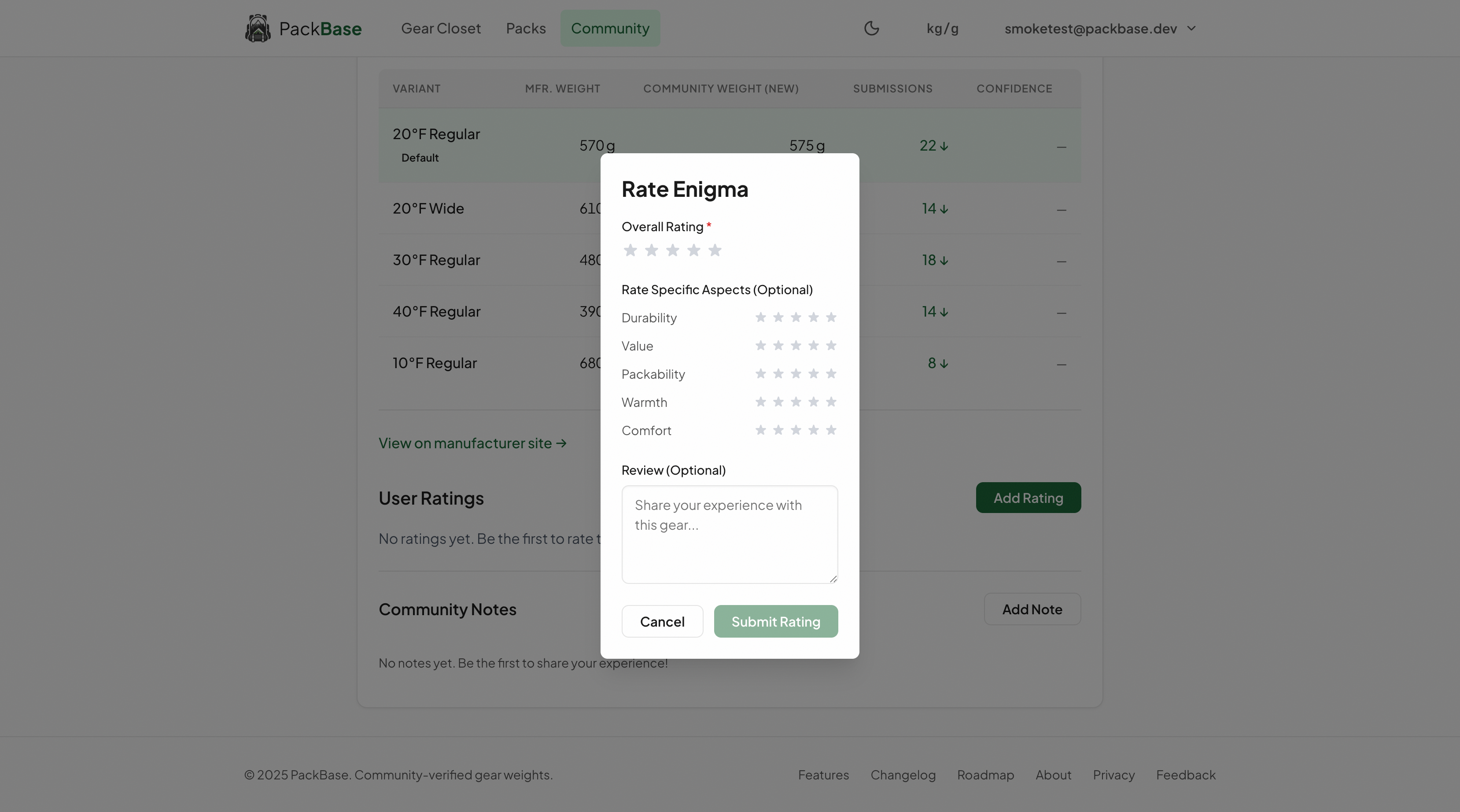 Pack ratings showing star ratings, dimension scores, and user reviews