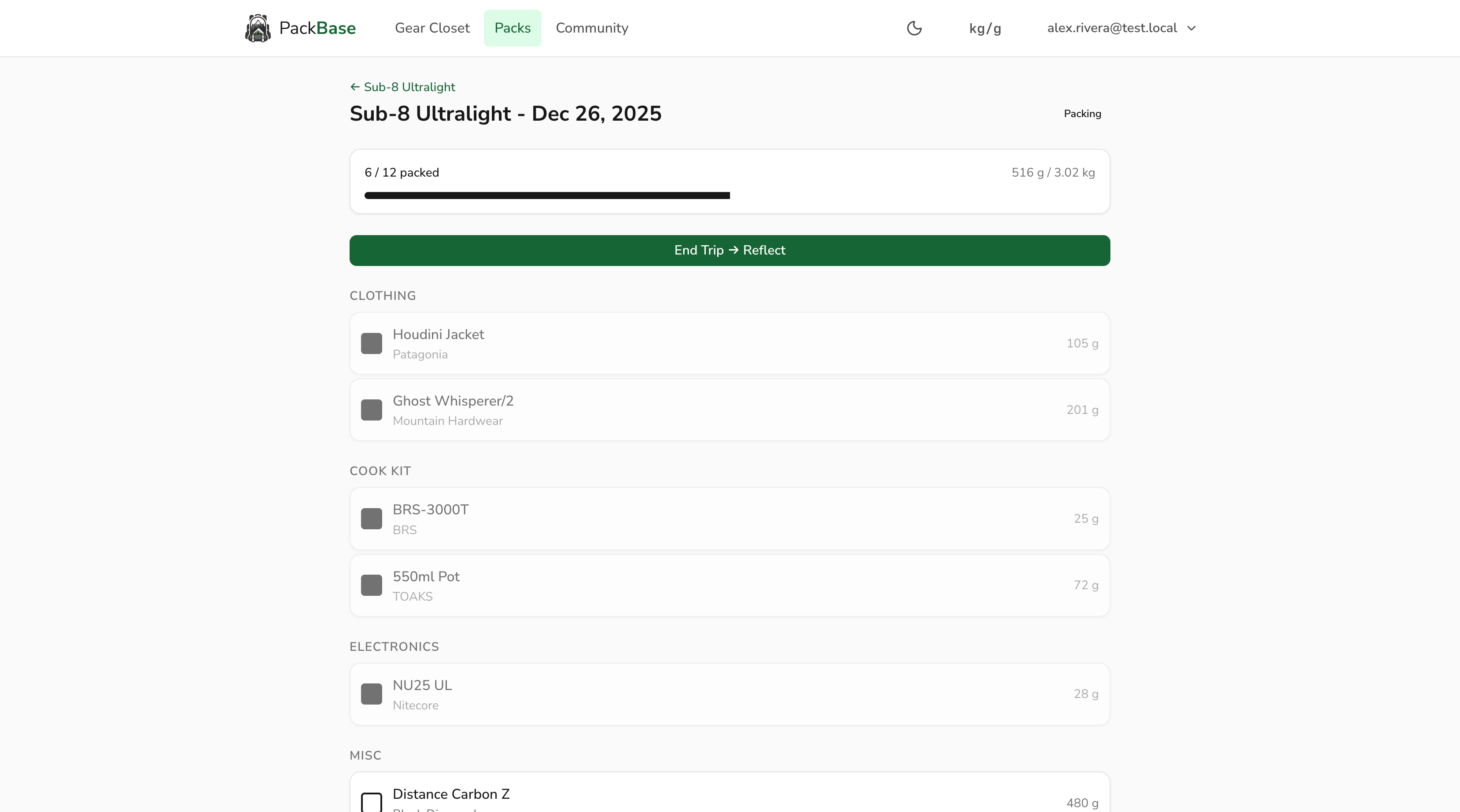 Trip packing checklist showing items being checked off with progress bar